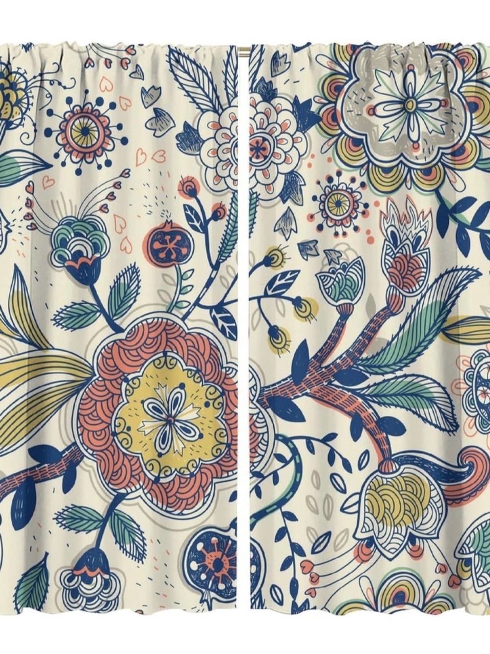Floral Boho Window Curtains in Cream, Navy & Mustard
